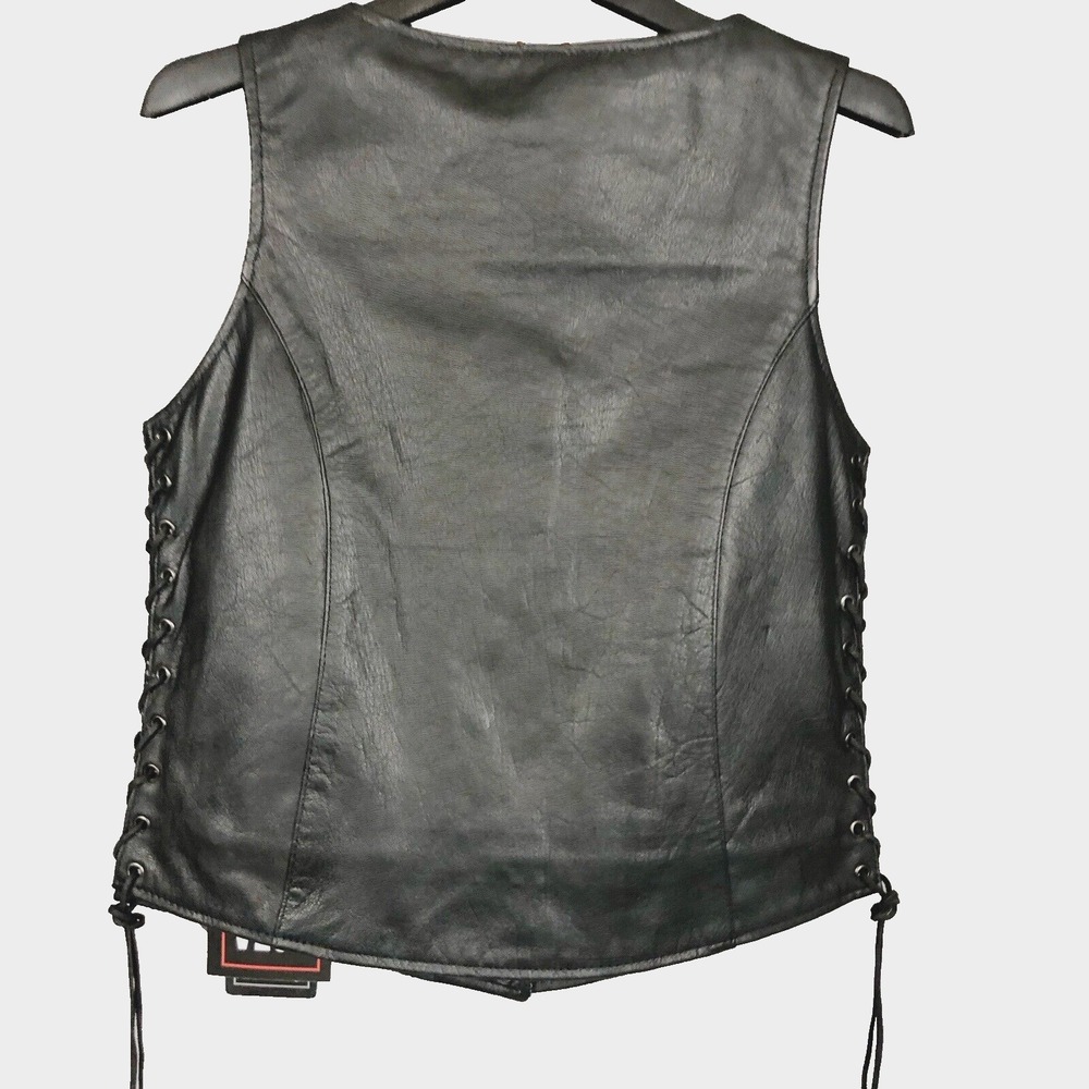 Unik Premium Women Sz M Black Leather Snap Front Vest Side Laces Paisley Liner - Picture 6 of 16